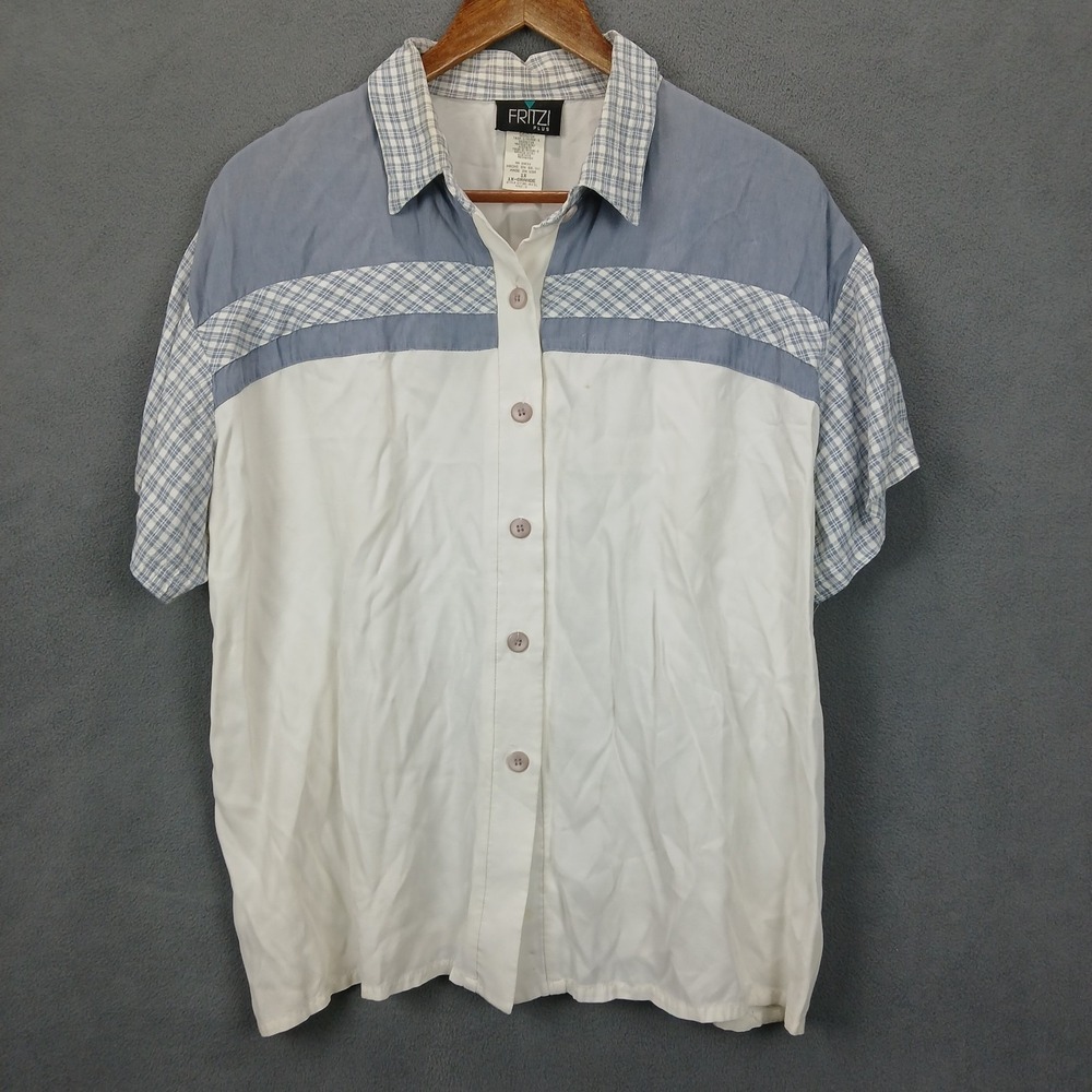 Vintage Fritzi Dress Shirt Womens 1X‎ Plus White & Light Blue Plaid Button Up